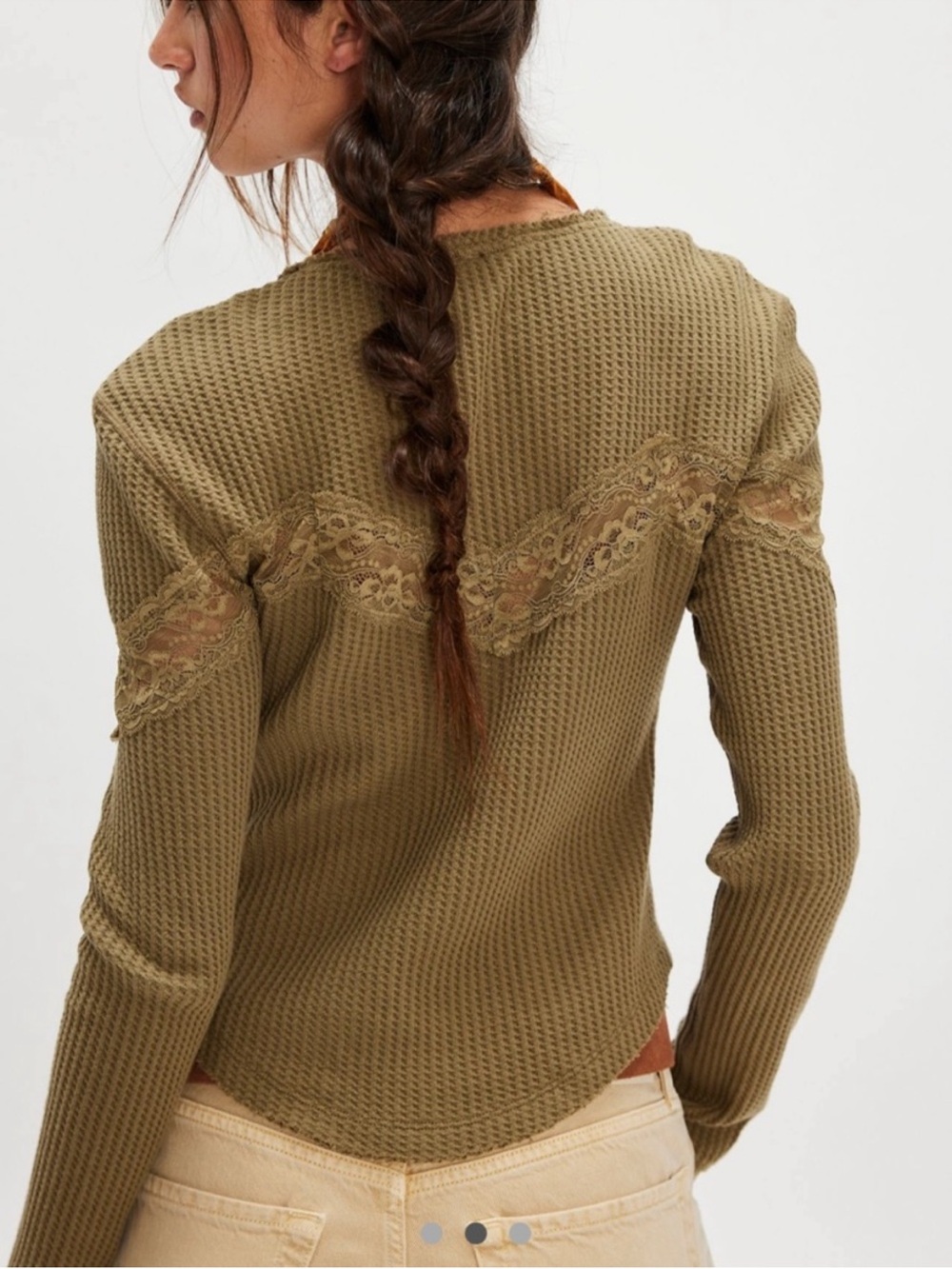 Free People Olive Lace-Trim Waffle Button Cardigan XS - Picture 3 of 8